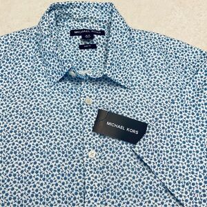 NWT MICHAEL KORS Slim Fit Linen Blue White Floral Short Sleeve Button Down Shirt